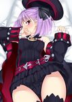  bangs bed_sheet belt beret black_legwear black_panties black_skirt breasts coat corset covering_mouth eyebrows_visible_through_hair fate/grand_order fate_(series) frilled_panties frills hands_up hat helena_blavatsky_(fate/grand_order) highres lying nebusoku on_back on_bed open_clothes open_coat panties purple_eyes purple_hair short_hair skirt small_breasts solo thighhighs thighs tsurime underwear upskirt 