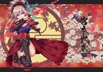  blue_eyes blush breasts detached_sleeves earrings fate/grand_order fate_(series) hair_ornament japanese_clothes jewelry katana kimono large_breasts looking_at_viewer miyamoto_musashi_(fate/grand_order) pink_hair ponytail sash smile solo sword thighhighs weapon yuurei447 