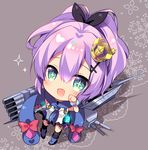  1girl :d azur_lane chibi commentary_request crown dress green_eyes hair_ornament hair_ribbon hairpin javelin_(azur_lane) looking_at_viewer machinery mini_crown open_mouth purple_eyes purple_hair ribbon ringo_sui scarf smile solo turret white_dress 