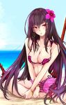 beach bikini blush bracelet breasts cleavage day earrings fate/grand_order fate_(series) flower gae_bolg hair_flower hair_ornament highres jewelry large_breasts long_hair looking_at_viewer purple_bikini purple_hair reeds rizzl scathach_(fate)_(all) scathach_(swimsuit_assassin)_(fate) sitting solo swimsuit very_long_hair yokozuwari 