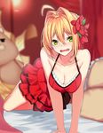  ahoge arm_support bare_shoulders bed blonde_hair blush breasts cleavage collarbone crying crying_with_eyes_open dress eyebrows_visible_through_hair fang fate/extra fate/grand_order fate_(series) flower green_eyes hair_between_eyes hair_flower hair_intakes hair_ornament highres looking_at_viewer medium_breasts modern_costume_of_crimson nebusoku nero_claudius_(fate) nero_claudius_(fate)_(all) on_bed open_mouth orion_(fate/grand_order) pillow red_dress sleeveless sleeveless_dress solo stuffed_toy tears v_arms 