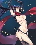  android arched_back armpits arms_up ban bangs belt black_hair breasts closed_mouth cowboy_shot eyebrows_visible_through_hair fate/grand_order fate_(series) gauntlets highres katou_danzou_(fate/grand_order) looking_at_viewer medium_breasts navel nipples nude parted_bangs red_scarf robot_joints scarf standing stomach thighs tsurime yellow_eyes 