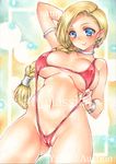  arm_up artist_name ass_visible_through_thighs at_classics bianca blonde_hair blue_eyes blush braid breasts breasts_apart cameltoe choker closed_mouth covered_nipples cowboy_shot dragon_quest dragon_quest_v earrings groin hair_over_shoulder jewelry large_breasts long_hair looking_at_viewer navel sample single_braid slingshot_swimsuit smile solo swimsuit traditional_media watermark 