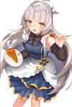  1girl alternate_hairstyle apron azur_lane bangs bare_shoulders blue_dress blunt_bangs blush bow breasts brown_eyes brown_sleeves commentary_request detached_sleeves dress eyebrows_visible_through_hair fingernails food fork frilled_apron frills grey_hair hair_bow headpiece highres holding holding_fork holding_plate iron_cross kinsenka_momi long_hair long_sleeves looking_at_viewer medium_breasts open_mouth plate pleated_dress ponytail puffy_long_sleeves puffy_sleeves simple_background sleeveless sleeveless_dress solo striped striped_bow very_long_hair white_apron white_background white_bow z46_(azur_lane) 