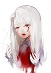  bangs blood blood_on_face bloody_clothes bloody_tears close-up closed_eyes cravat d: eyebrows_visible_through_hair fate/zero fate_(series) hair_between_eyes hands_up highres illyasviel_von_einzbern long_sleeves ohisashiburi open_mouth simple_background solo spoilers white_background white_hair 