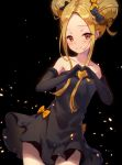  1girl abigail_williams_(fate/grand_order) absurdres bangs black_background black_bow black_dress black_gloves blonde_hair blush bow collarbone cowboy_shot double_bun dress elbow_gloves fate/grand_order fate_(series) gatling033 gloves hair_bow heart heart_hands highres looking_at_viewer orange_bow orange_eyes parted_bangs shiny shiny_hair short_dress short_hair_with_long_locks sidelocks sleeveless sleeveless_dress smile solo standing strapless strapless_dress tied_hair tube_dress yellow_bow 
