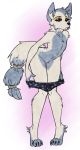  2018 alruic ambiguous_gender anthro blue_fur butt canine clothing eyeshadow fox fur hi_res inner_ear_fluff looking_at_viewer makeup mammal mostly_nude navel solo standing tail_ornament underwear undressing white_fur 