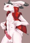  balls blush clothed clothing erection fur half-dressed headgear king_kazuma lagomorph looking_at_viewer male mammal multi_nipple nipples nude penis plain_background rabbit red_eyes solo standing summer_wars tapering_penis white_fur 