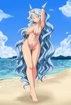  barefoot beach blue_hair breasts cleavage cloyster day gen_1_pokemon hand_on_hip horns jouwan large_breasts long_hair personification pokemon slingshot_swimsuit solo swimsuit thigh_gap very_long_hair wavy_hair 