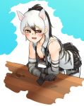  1girl aardwolf_(kemono_friends) aardwolf_ears aardwolf_print aardwolf_tail animal_ears animal_print arm_support bangs bare_shoulders black_hair black_neckwear black_shorts blush breasts brown_eyes charnoe collarbone commentary_request dripping elbow_gloves extra_ears eyebrows_visible_through_hair gloves grey_hair hair_between_eyes high_ponytail highres kemono_friends leaning_forward legwear_under_shorts long_hair looking_at_viewer multicolored_hair necktie nipples no_bra open_clothes open_mouth open_shirt pantyhose ponytail print_gloves print_legwear print_shirt shirt short shorts sidelocks sleeveless sleeveless_shirt small_breasts smile solo tail two-tone_hair undone_necktie upper_body wet wet_clothes wet_face wet_hair 