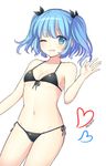  bangs bare_arms bikini black_bikini black_ribbon blue_eyes blue_hair breasts cleavage collarbone dated front-tie_bikini front-tie_top grin groin hair_ribbon heart highres kawashiro_nitori looking_at_viewer navel one_eye_closed ribbon side-tie_bikini simple_background small_breasts smile solo swimsuit teeth thighs touhou two_side_up waving white_background yamayu 
