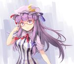  adjusting_eyewear bespectacled blue_ribbon breasts capelet clear_echoes crescent crescent_hair_ornament dress glasses hair_ornament hat long_hair looking_at_viewer medium_breasts mob_cap patchouli_knowledge purple_eyes purple_hair red-framed_eyewear red_ribbon ribbon short_sleeves smile solo striped striped_dress touhou very_long_hair 