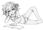  :t bangs bare_arms bare_legs blush book bow bra closed_mouth eyebrows_visible_through_hair frilled_bra frilled_panties frills greyscale groin hair_bow hand_on_own_cheek lying monochrome navel on_side panties reading rumia shamo_(koumakantv) short_hair simple_background solo touhou underwear underwear_only white_background 