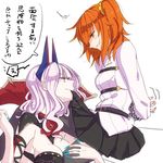  bdsm black_skirt blush bondage bound bound_arms breasts carmilla_(fate/grand_order) chain chaldea_uniform cleavage commentary_request fate/grand_order fate_(series) fujimaru_ritsuka_(female) hollomaru large_breasts long_sleeves looking_at_another looking_down looking_up medium_breasts multiple_girls orange_eyes orange_hair pantyhose pointy_ears purple_hair shirt side_ponytail skirt speech_bubble supportasse sweat translated white_background white_shirt yuri 