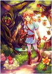  aquanut brown_footwear brown_gloves day fingerless_gloves floating flower food forest fruit gloves grass korok link long_hair nature nut outdoors path pointy_ears ponytail road sheikah_stone smile standing sword the_legend_of_zelda the_legend_of_zelda:_breath_of_the_wild tree tree_stump tunic weapon 