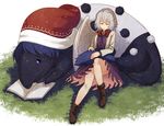  animalization baku_(creature) blue_eyes blue_hair book boots bow bowtie closed_eyes doremy_sweet doremy_sweet_(baku) dress full_body hat jacket kishin_sagume long_sleeves nightcap open_book short_hair silver_hair single_wing sitting sleeping smile tail tapir tapir_tail touhou urin wings 