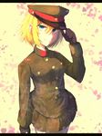  black_gloves blonde_hair blue_eyes blush breasts brown_skirt closed_mouth cowboy_shot deep_(deep4946) eyebrows_visible_through_hair gloves hair_ornament hairclip hat hat_tip highres kagamine_rin large_breasts letterboxed long_sleeves looking_at_viewer medium_breasts military military_uniform miniskirt peaked_cap pleated_skirt short_hair skirt smile solo star uniform vocaloid 