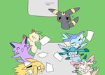  &gt;_&lt; animal_ears arms_up black_eyes clenched_teeth espeon eyes_closed furry glaceon green_background hand_up jolteon leafeon letsuo meeting no_humans open_mouth paper pokemon pokemon_(creature) pokemon_dppt pokemon_gsc pokemon_rgby pokemon_xy red_sclera simple_background sitting smile sylveon table tail tears teeth vaporeon 