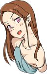  :d bare_shoulders bite_mark blush breasts brown_hair fangs idolmaster idolmaster_(classic) long_hair looking_at_viewer minase_iori momo_no_suidou-sui open_mouth pink_eyes simple_background small_breasts smile solo strap_slip vampire white_background 
