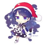  blue_eyes blue_hair blush book chibi cow_tail dated doremy_sweet eyebrows_visible_through_hair full_body hat holding holding_book looking_at_viewer nightcap parted_lips red_hat short_hair smile solo tail touhou yamayu 
