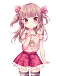  arm_at_side bad_id bad_pixiv_id bangs bare_shoulders blunt_bangs blush brown_eyes brown_hair closed_mouth collarbone eyebrows_visible_through_hair hair_ribbon hand_up head_tilt heart highres long_hair looking_at_viewer off-shoulder_shirt original pink_ribbon pink_shirt pink_skirt plaid plaid_skirt ribbon shirt shirt_straps simple_background skirt smile solo striped striped_legwear thighhighs tsuruse two_side_up unmoving_pattern white_background 