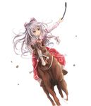  armband bow bridle dutch_angle fujiwara_no_mokou hair_blowing hair_bow highres horse horseback_riding long_hair long_sleeves looking_to_the_side ofuda outstretched_arm pants parted_lips purple_eyes reins riding riding_crop sandals shimada_sara silver_hair simple_background sketch solo tabi touhou unfinished white_background 