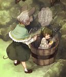 animal_ears blush bucket capelet crying dowsing_rod food green_eyes green_hair grey_hair hair_bobbles hair_ornament in_bucket in_container kisume loafers mouse_ears mouse_tail multiple_girls nazrin robe shoes short_hair socks speech_bubble tail tears text_focus touhou translation_request twintails urin wavy_mouth wooden_bucket 