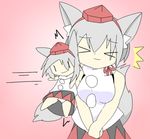  &gt;_&lt; 1girl animal_ears bare_shoulders black_skirt bow breasts doll eyebrows_visible_through_hair eyes_closed eyes_visible_through_hair grey_hair hands_together hat inubashiri_momiji letsuo medium_breasts motion_lines multicolored_skirt panties pink_background red_bow red_hat red_skirt shirt simple_background skirt sleeveless sleeveless_shirt smile solo standing tail tokin_hat touhou underwear upskirt v_arms white_panties wolf_ears wolf_tail 