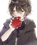  apple brown_hair check_character coat commentary_request ensemble_stars! eyebrows_visible_through_hair fangs fingernails food fruit hair_between_eyes hand_up holding holding_food holding_fruit looking_away looking_to_the_side male_focus open_mouth poni_(rito) red_eyes sakuma_ritsu simple_background solo white_background 