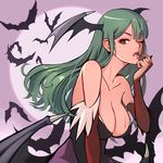  bat bat_wings black_leotard blood blood_from_mouth breasts bridal_gauntlets cleavage commentary_request demon_girl green_eyes green_hair head_wings kzzang large_breasts leotard long_hair looking_at_viewer low_wings morrigan_aensland one_eye_closed pantyhose parted_lips purple_legwear solo succubus upper_body vampire_(game) wings 