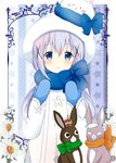  angora_rabbit animal animal_on_head anko_(gochiusa) blue_eyes blue_gloves blue_scarf blush bunny bunny_on_head closed_mouth commentary_request crescent crown eyebrows_visible_through_hair flower fur_hat gloves gochuumon_wa_usagi_desu_ka? green_scarf hair_ornament hairclip hat highres kafuu_chino light_blue_hair long_hair long_sleeves looking_at_viewer mini_crown mittens on_head orange_scarf ryoutan scarf sidelocks smile striped striped_background tippy_(gochiusa) twintails upper_body vertical-striped_background vertical_stripes white_coat white_flower white_hat wild_geese x_hair_ornament 