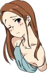  bare_shoulders blush breasts brown_eyes brown_hair idolmaster idolmaster_(classic) long_hair looking_at_viewer minase_iori momo_no_suidou-sui simple_background small_breasts solo strap_slip white_background 