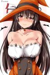  ar_(lover_boy) bare_shoulders black_hair blush border breasts choker choukai_(kantai_collection) cleavage collarbone glasses halloween halloween_costume hat highres jack-o'-lantern kantai_collection large_breasts long_hair red_eyes rimless_eyewear smile solo twitter_username white_border witch_hat 