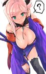  ? adjusting_hair areola_slip areolae asymmetrical_hair bangs bent_over black_legwear blue_eyes blush breasts cleavage closed_mouth dutch_angle eyebrows_visible_through_hair fate/grand_order fate_(series) green_eyes highres japanese_clothes jewelry katana kimono kztk large_breasts leaning_forward long_hair looking_at_viewer magatama magatama_necklace miyamoto_musashi_(fate/grand_order) necklace pink_hair ponytail purple_kimono sheath sheathed simple_background smile solo spoken_question_mark sweat sword thighhighs thighs tsurime weapon white_background 