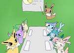  :3 animal_ears black_eyes blue_eyes brown_eyes eevee espeon furry glaceon graph green_background half-closed_eyes hand_up jolteon leafeon letsuo looking_to_the_side meeting no_humans pointer pokemon pokemon_(creature) pokemon_dppt pokemon_gsc pokemon_rgby pokemon_xy purple_eyes simple_background sitting smile sylveon table tail vaporeon 