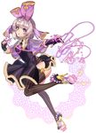  black_gloves black_legwear black_skirt fingerless_gloves full_body gloves high_heels looking_at_viewer magical_girl original purple_eyes short_hair short_sleeves silver_hair skirt standing standing_on_one_leg striped striped_legwear thighhighs vasabello_(nok) 