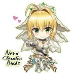  aestus_estus ahoge belt blush breasts bridal_veil character_name chibi cleavage closed_mouth detached_sleeves eyebrows_visible_through_hair fate/extra fate/extra_ccc fate_(series) full_body garter_belt gloves green_eyes heart holding holding_sword holding_weapon lock looking_at_viewer medium_breasts nero_claudius_(bride)_(fate) nero_claudius_(fate)_(all) npcpepper outstretched_arm padlock padlocked_collar simple_background smile solo standing sword thighhighs veil weapon white_background white_gloves white_legwear white_sleeves 