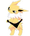  1girl :3 black_eyes black_panties feet female from_behind full_body furry hands_up jolteon legs_apart letsuo looking_at_viewer looking_back no_humans panties paws pokemon pokemon_(creature) pokemon_rgby simple_background smile solo standing topless torn_clothes torn_panties underwear white_background 