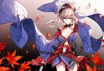  asymmetrical_hair autumn_leaves bangs blue_eyes closed_mouth commentary_request cowboy_shot detached_sleeves eyebrows_visible_through_hair fate/grand_order fate_(series) frills hanakeda_(hanada_shiwo) japanese_clothes kimono leaf long_hair looking_at_viewer maple_leaf miyamoto_musashi_(fate/grand_order) ponytail purple_kimono sidelocks silver_hair smile solo tsurime wide_sleeves 