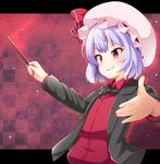  alternate_costume black_neckwear bow bowtie checkered checkered_background fang fingernails hat lavender_hair letterboxed nail_polish ominaeshi_(takenoko) pink_eyes red_background red_nails remilia_scarlet short_hair smile solo touhou 