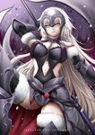  absurdly_long_hair armor black_legwear blush breasts chizza cleavage eyebrows facebook_username fate/grand_order fate_(series) flag highres holding holding_flag jeanne_d'arc_(alter)_(fate) jeanne_d'arc_(fate)_(all) large_breasts long_hair looking_at_viewer navel parted_lips smile solo thighhighs very_long_hair watermark web_address white_hair yellow_eyes 