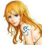  bikini_top blonde_hair blue_eyes blush breasts chizza closed_mouth eyebrows highres large_breasts long_hair looking_at_viewer nami_(one_piece) one_piece smile solo tattoo upper_body 