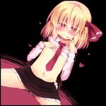  black_background black_skirt blonde_hair blush closed_mouth commentary_request dutch_angle hair_ribbon licking_lips long_shirt looking_at_viewer miniskirt navel necktie razy_(skuroko) red_eyes red_neckwear red_ribbon ribbon rumia shirt shirt_lift sitting skirt smile solo stomach tongue tongue_out touhou white_shirt 