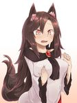  animal_ears blush breasts brooch brown_background brown_hair commentary_request dress gradient gradient_background highres imaizumi_kagerou jewelry large_breasts long_hair long_sleeves red_eyes self_fondle solo tail touhou tyouseki upper_body white_background wide_sleeves wolf_ears wolf_tail 