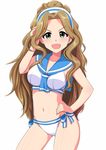  :d arm_up ass_visible_through_thighs bare_arms bare_shoulders between_breasts bikini blue_neckwear blush bow breasts brown_hair commentary_request contrapposto green_eyes hairband hand_in_hair hand_on_hip idolmaster idolmaster_million_live! long_hair looking_at_viewer medium_breasts momoda_yasuhito navel neckerchief nikaidou_chizuru open_mouth sailor_bikini sailor_collar sailor_swimsuit_(idolmaster) side-tie_bikini simple_background smile solo standing stomach striped striped_bow swimsuit tareme two-tone_hairband v-shaped_eyebrows very_long_hair wavy_hair white_background white_bikini 