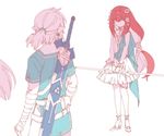  1girl blonde_hair dress hair_ornament humanization jewelry link master_sword mipha princess_zelda red_hair shuri_(84k) skirt sword the_legend_of_zelda the_legend_of_zelda:_breath_of_the_wild wand weapon white_background zora 