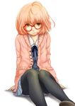  ahoge black_legwear blue_skirt blush brown_eyes brown_hair chizza closed_mouth eyebrows_visible_through_hair frown glasses kuriyama_mirai kyoukai_no_kanata looking_at_viewer pantyhose short_hair sitting skirt solo 