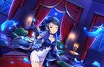  alternate_costume artist_request black_eyes blue_feathers blue_gloves blue_hair book candle crescent_moon cup earrings flower gloves hair_flower hair_ornament idolmaster idolmaster_cinderella_girls idolmaster_cinderella_girls_starlight_stage jewelry moon official_art one_eye_closed solo wakui_rumi 