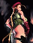  ahoge antenna_hair beret braid cammy_white diathorn elbow_gloves fingerless_gloves from_behind from_below gloves green_leotard hand_on_hip harness hat highres huge_ahoge leotard long_hair red_gloves solo standing street_fighter street_fighter_v thick_thighs thigh_pouch thighs thong_leotard twin_braids 