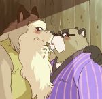  2016 anthro blush canine clothed clothing duo eyewear fox garouzuki ghibli glasses hug humanoid_hands kissing male male/male mammal overweight overweight_male pom_poko tanuki 